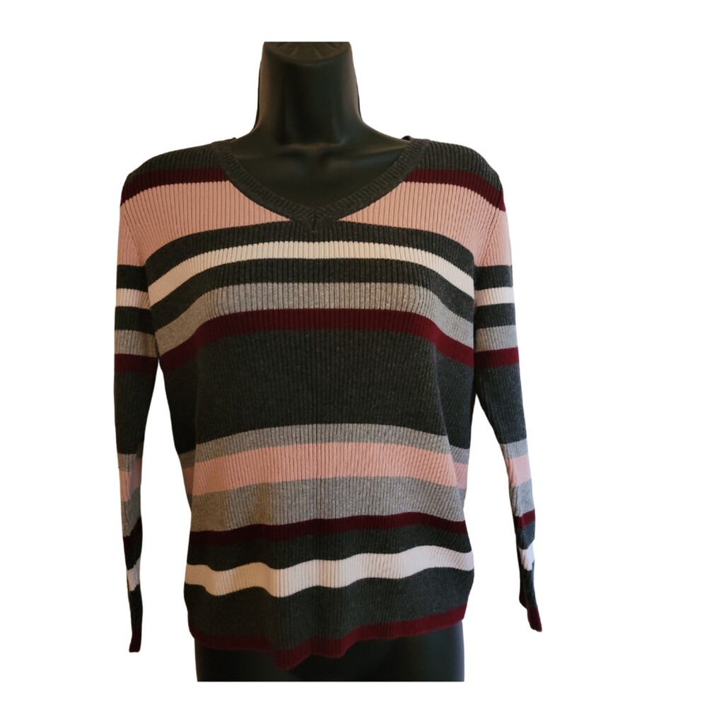 Karen Scott Petite Striped V Neck Long Sleeve Sweater Size Medium 100% Cotton